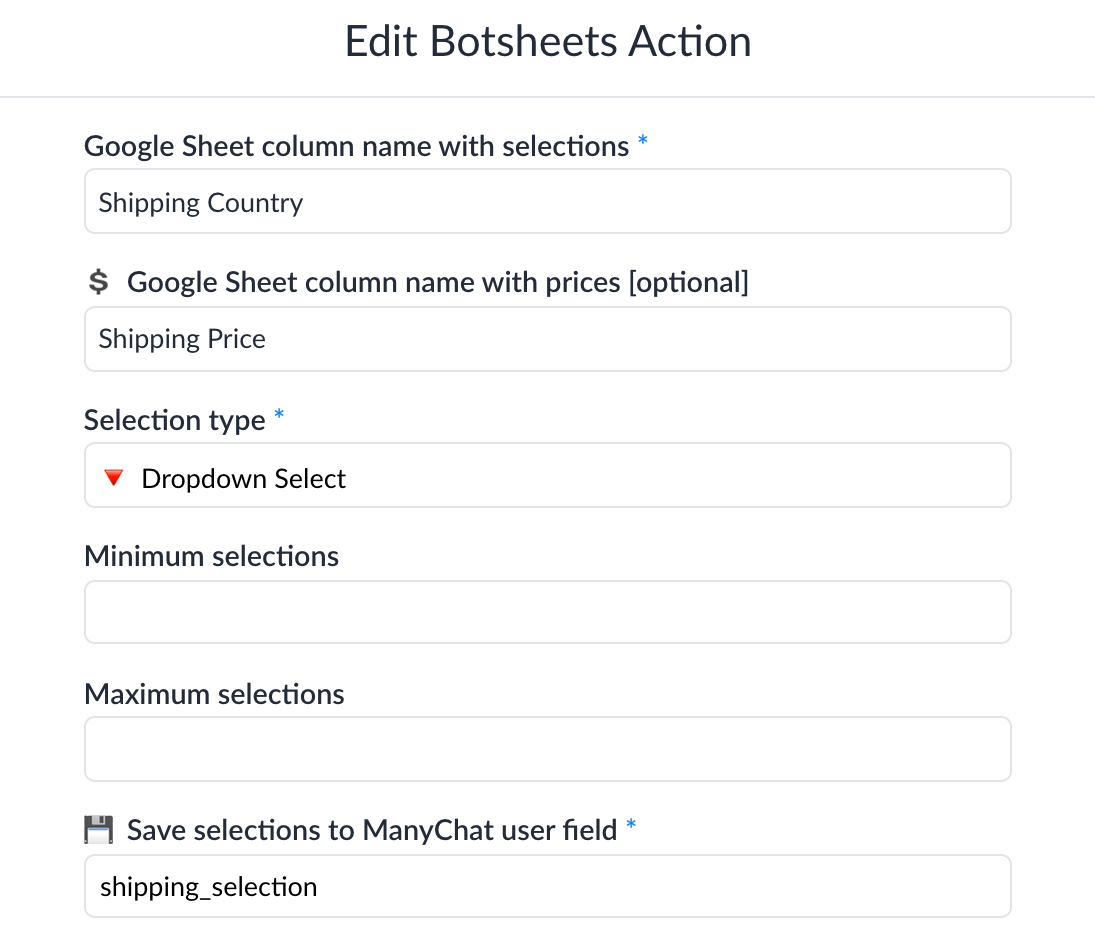 Selection List Botsheets Action